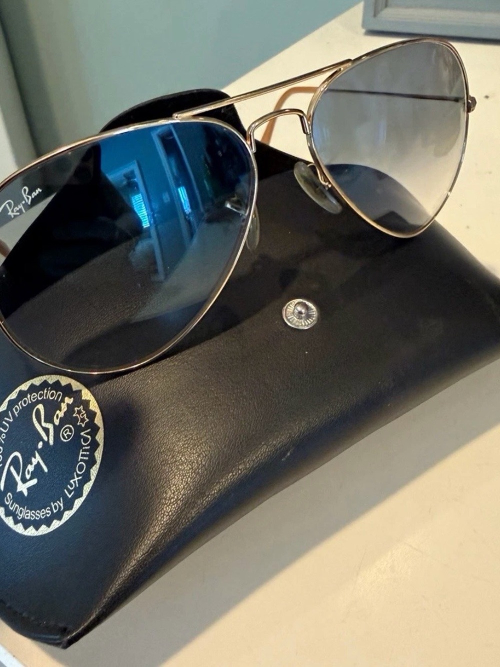 Ray-Ban Gold Frame Sunglasses with Blue Gradient Lenses